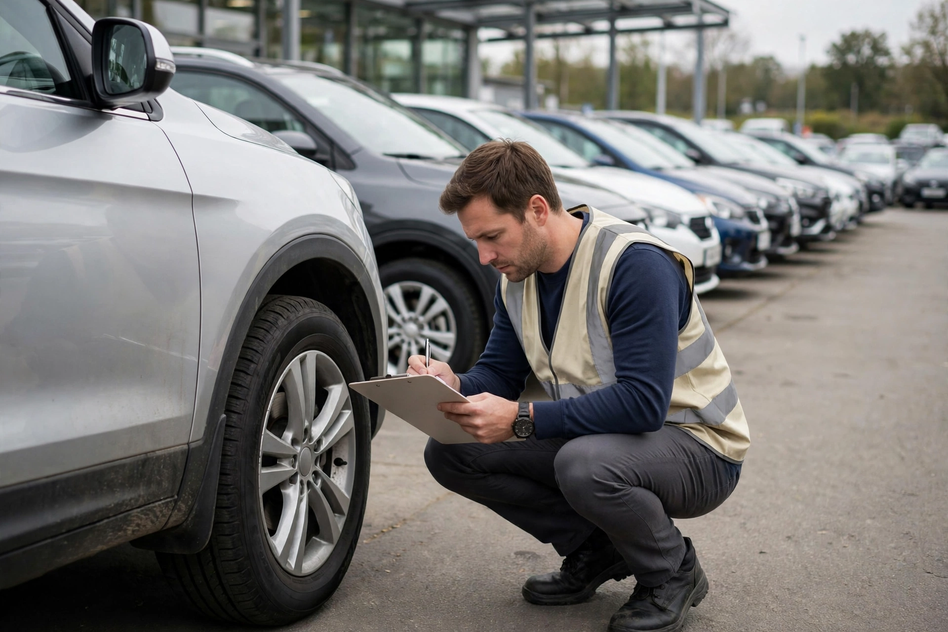 Tasador inspeccionando un coche de segunda mano